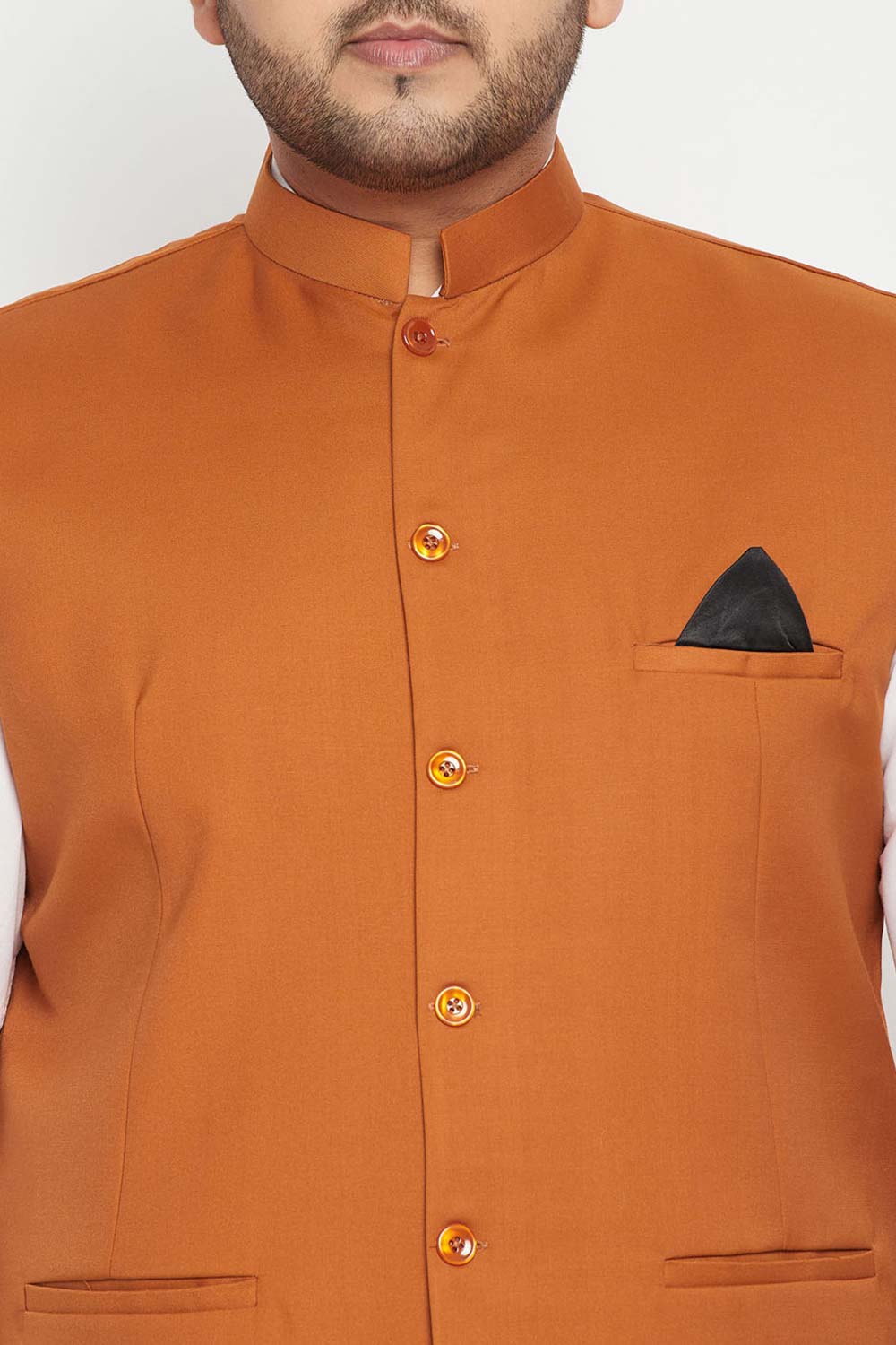Buy Men's Cotton Silk Blend Solid Nehru Jacket in Orange - Zoom in