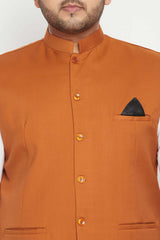 Buy Men's Cotton Silk Blend Solid Nehru Jacket in Orange - Zoom in