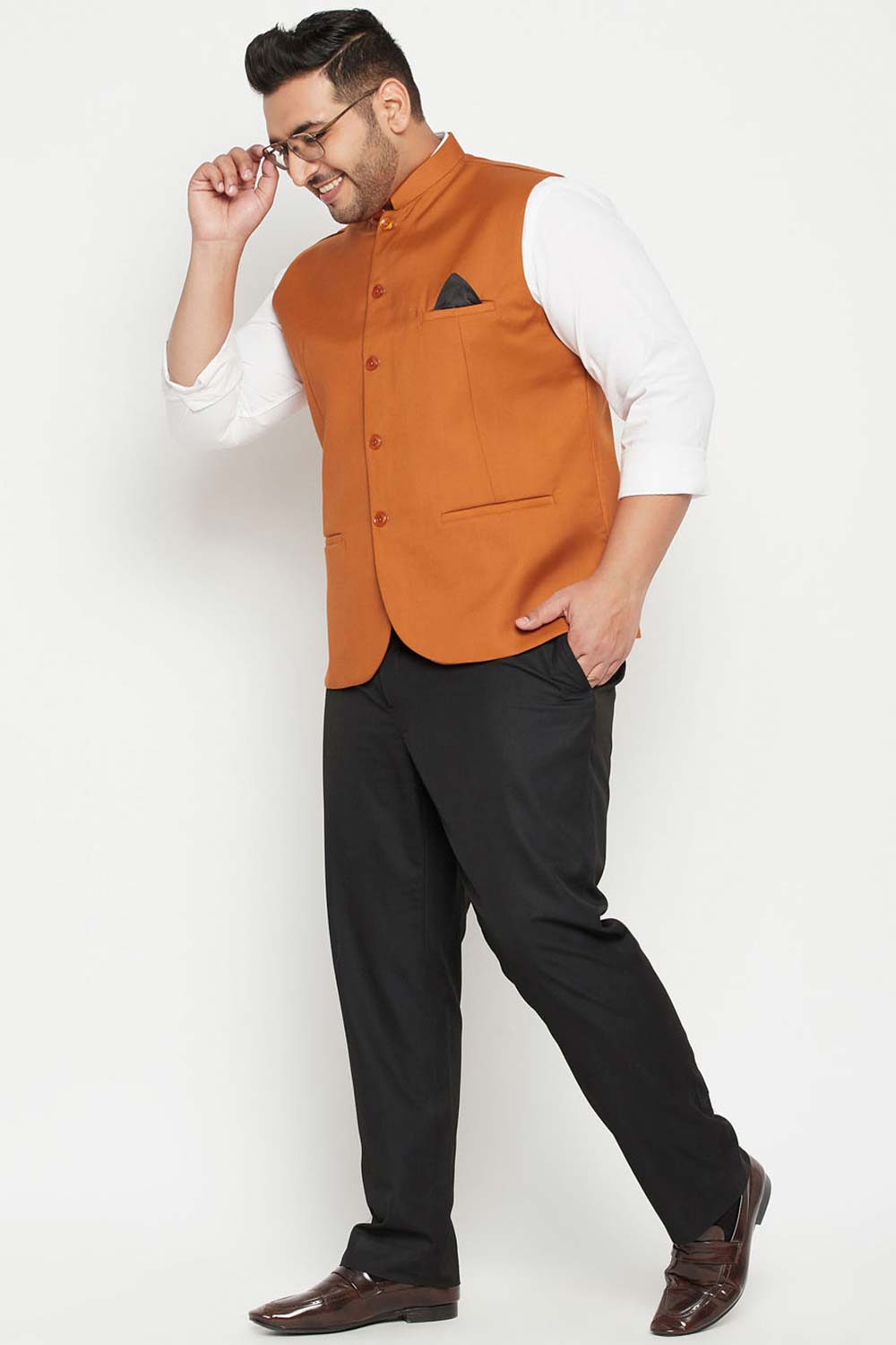 Buy Men's Cotton Silk Blend Solid Nehru Jacket in Orange - Zoom Out