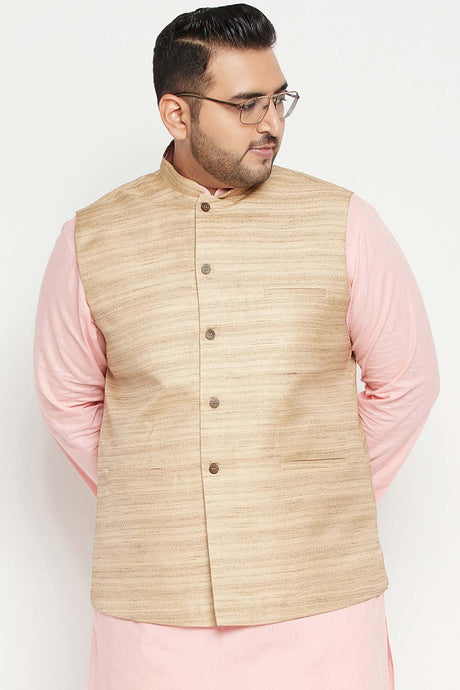 Buy Men's Silk Blend Solid Nehru Jacket in Beige - Front