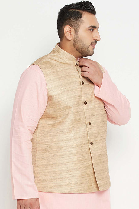 Buy Men's Silk Blend Solid Nehru Jacket in Beige - Side