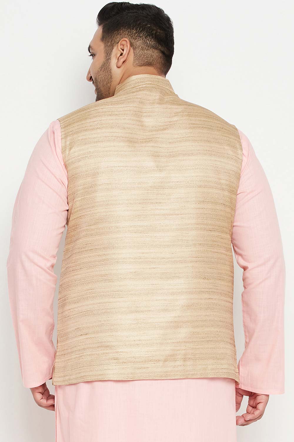 Buy Men's Silk Blend Solid Nehru Jacket in Beige - Back