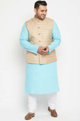 Buy Men's Cotton Blend Solid Kurta Set in Aqua Blue - Front