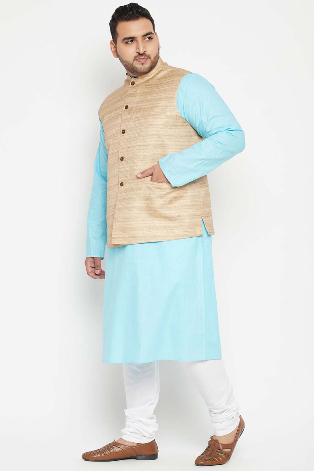 Buy Men's Cotton Blend Solid Kurta Set in Aqua Blue - Side