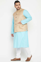 Buy Men's Cotton Blend Solid Kurta Set in Aqua Blue - Side