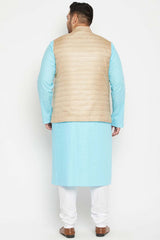 Buy Men's Cotton Blend Solid Kurta Set in Aqua Blue - Back