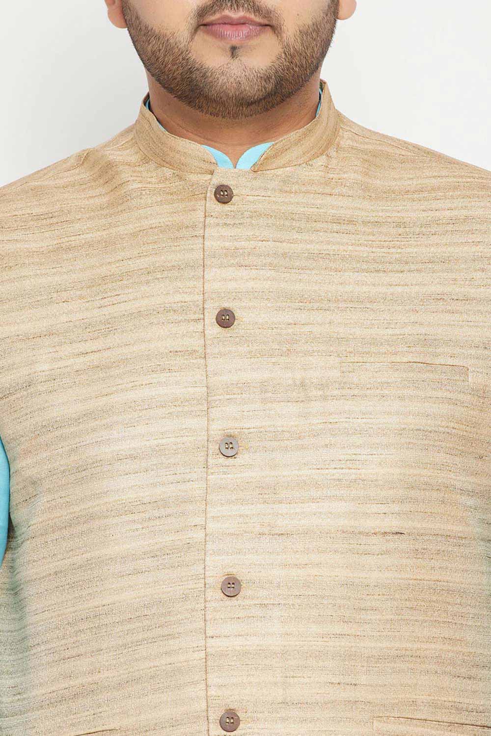 Buy Men's Cotton Blend Solid Kurta Set in Aqua Blue - Zoom in