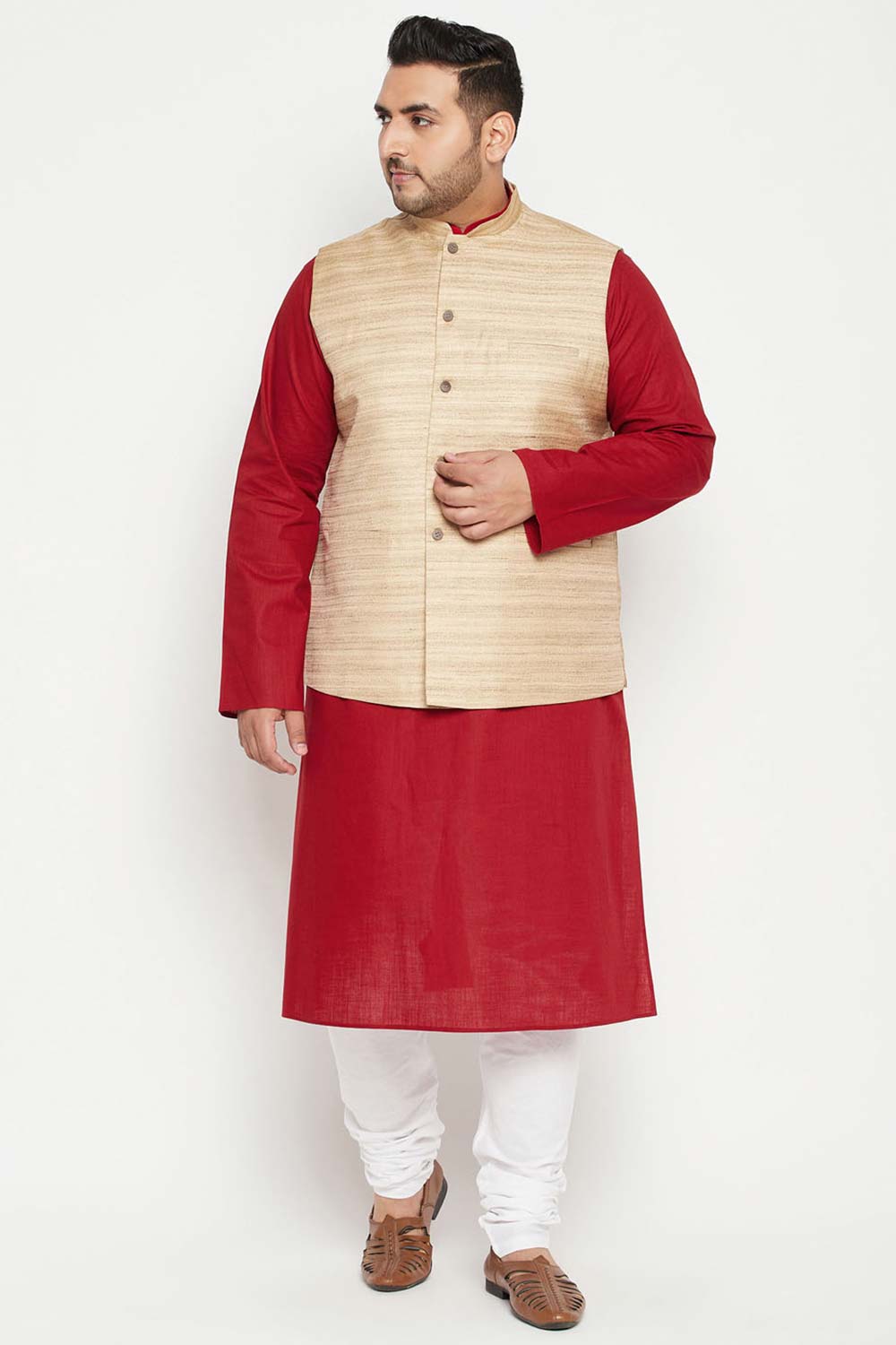 Buy Men's Cotton Blend Solid Kurta Set in Maroon - Front