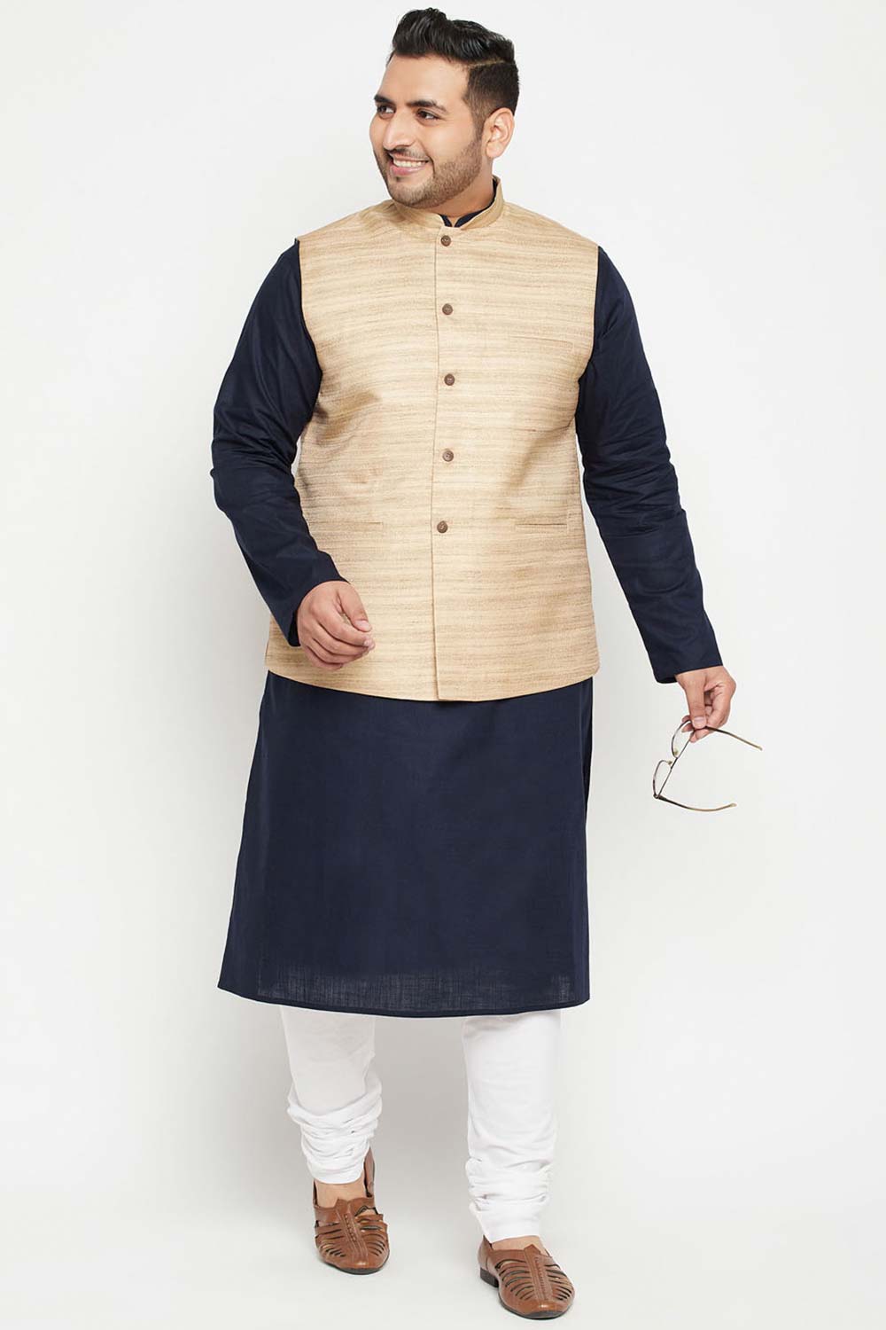 Buy Men's Cotton Blend Solid Kurta Set in Navy Blue - Front