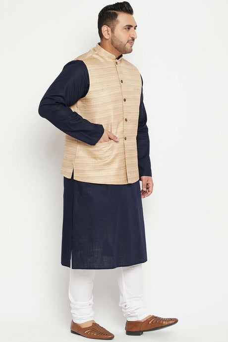 Buy Men's Cotton Blend Solid Kurta Set in Navy Blue - Side