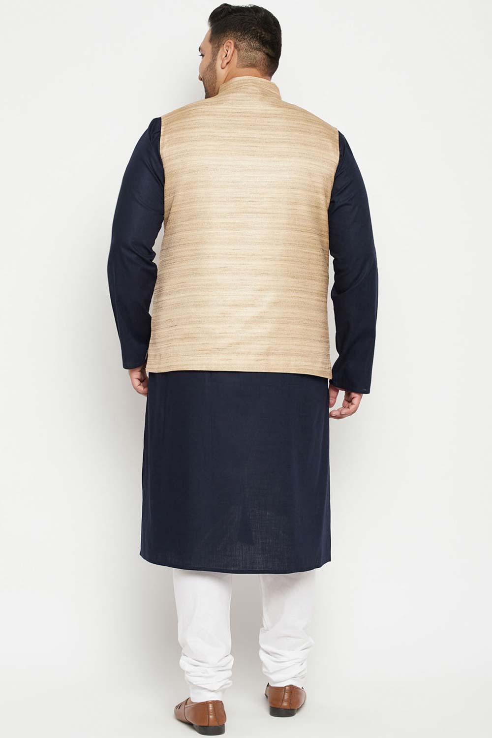 Buy Men's Cotton Blend Solid Kurta Set in Navy Blue - Back