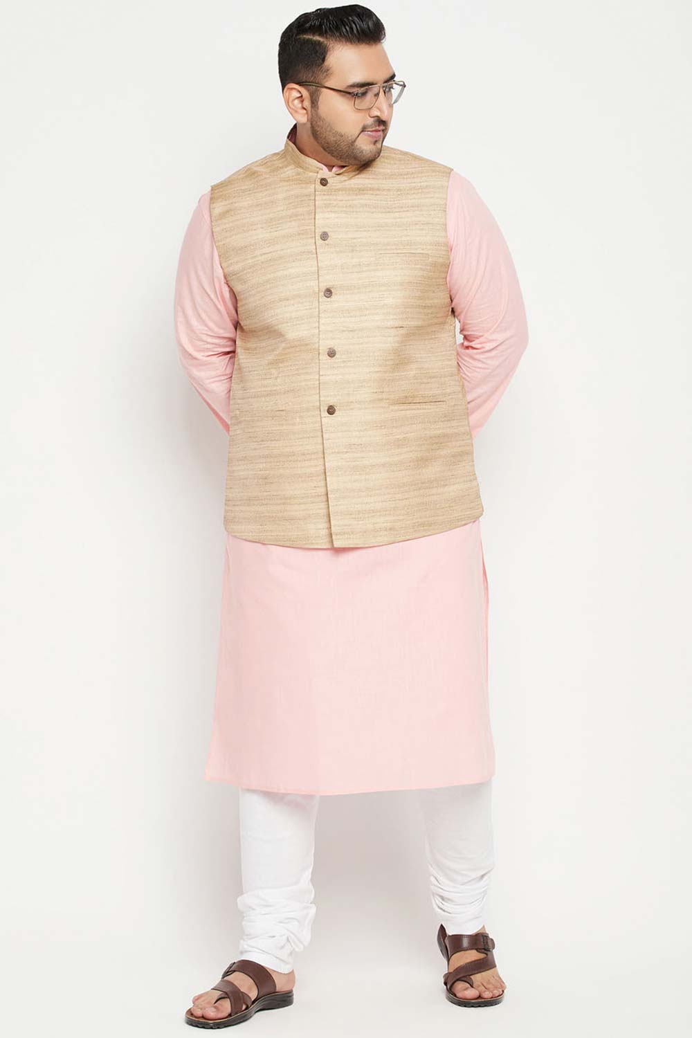 Buy Men's Cotton Blend Solid Kurta Set in Pink - Front