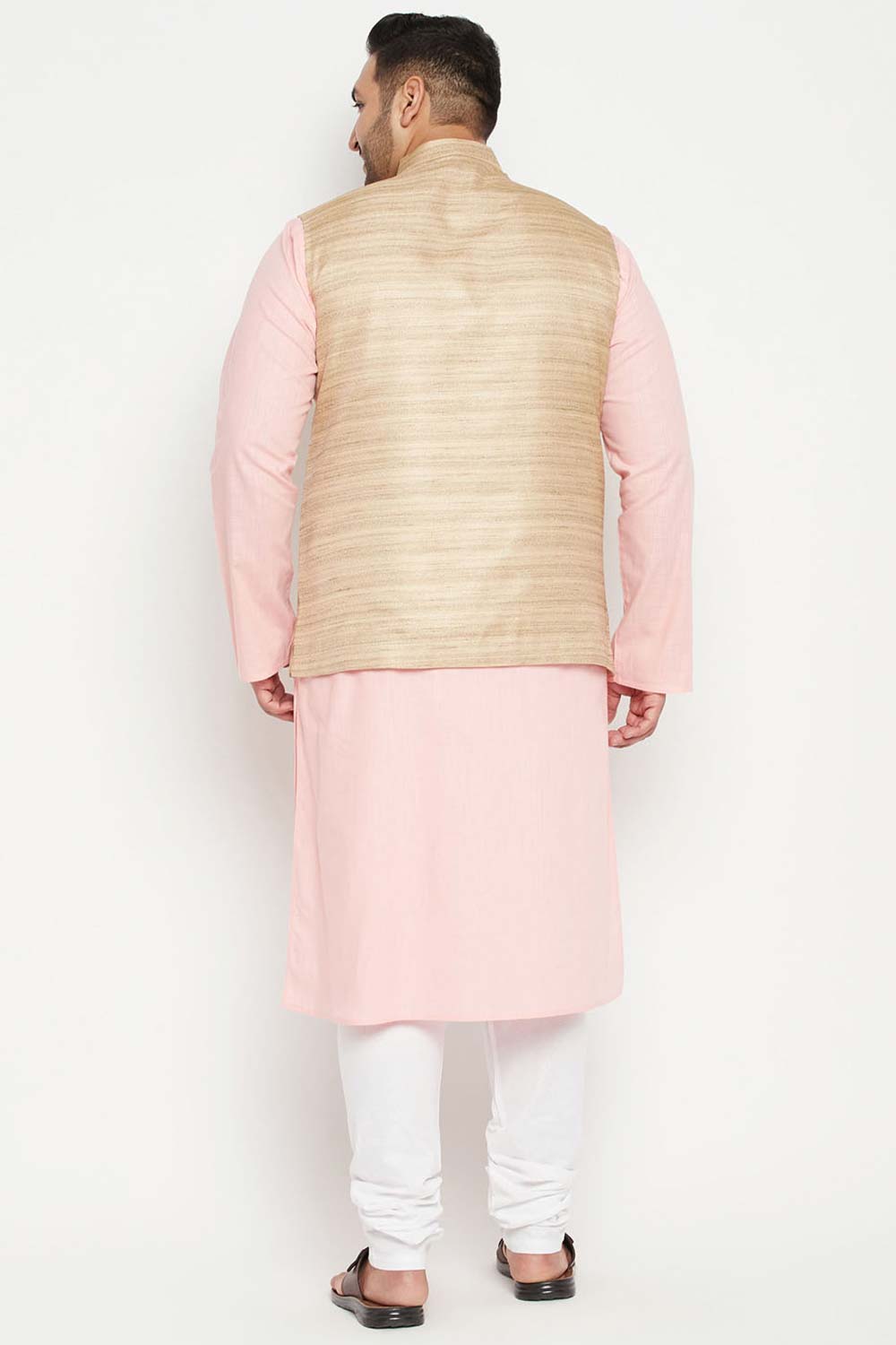 Buy Men's Cotton Blend Solid Kurta Set in Pink - Back