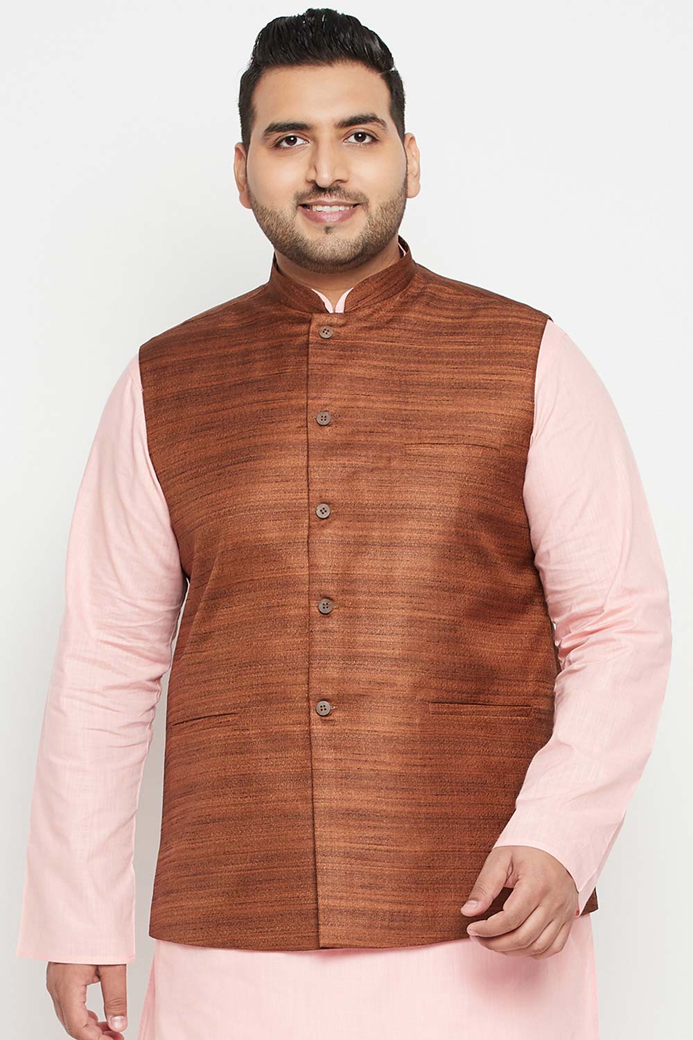 Buy Men's Silk Blend Solid Nehru Jacket in Coffee Brown - Front