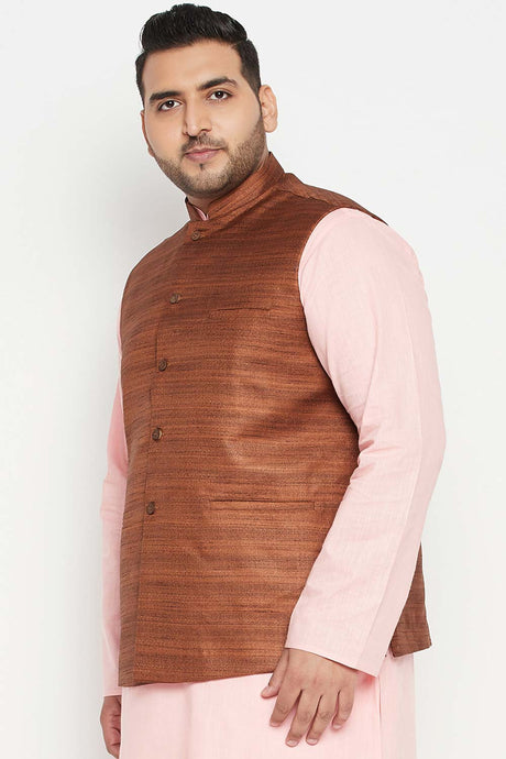 Buy Men's Silk Blend Solid Nehru Jacket in Coffee Brown - Side