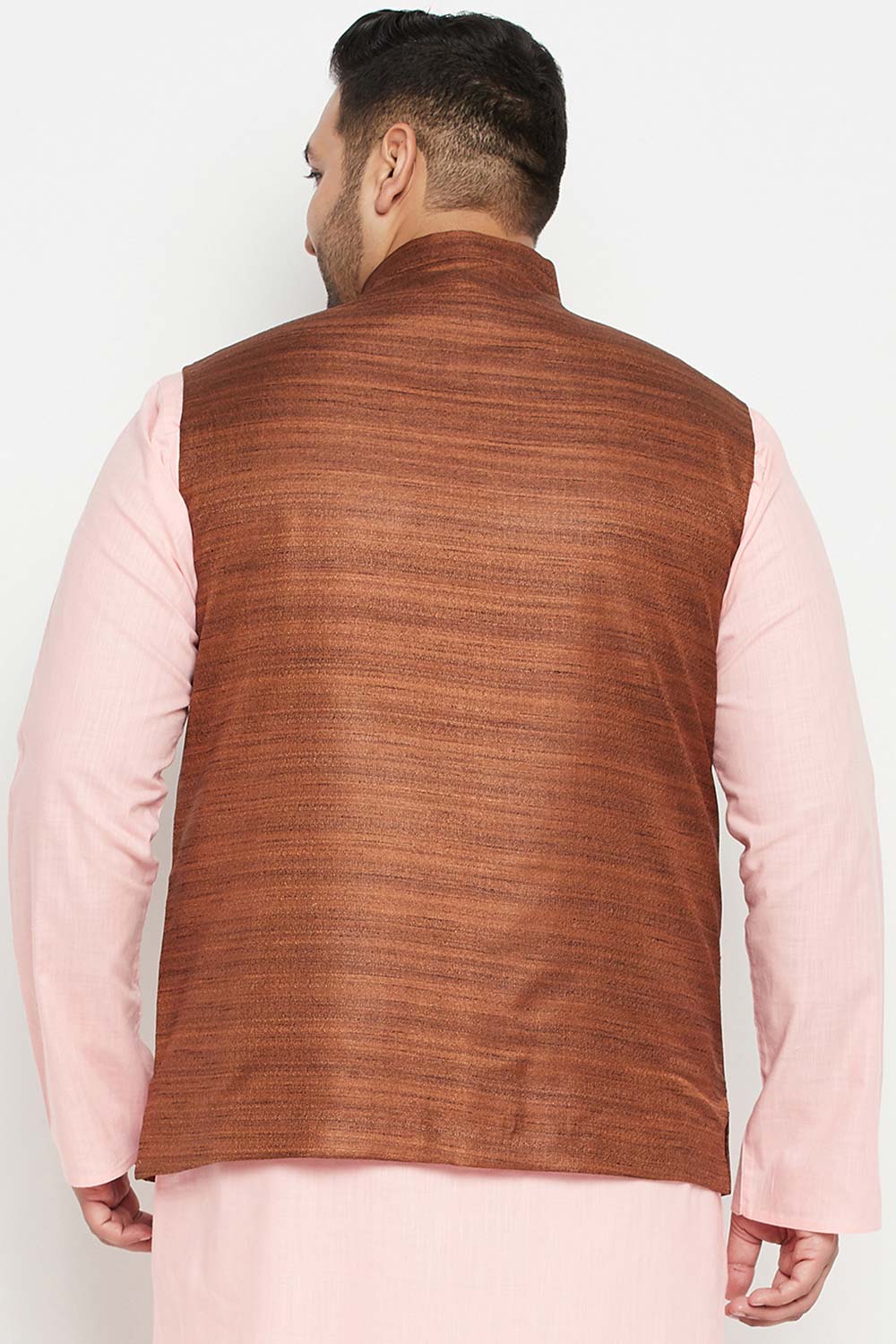 Buy Men's Silk Blend Solid Nehru Jacket in Coffee Brown - Back