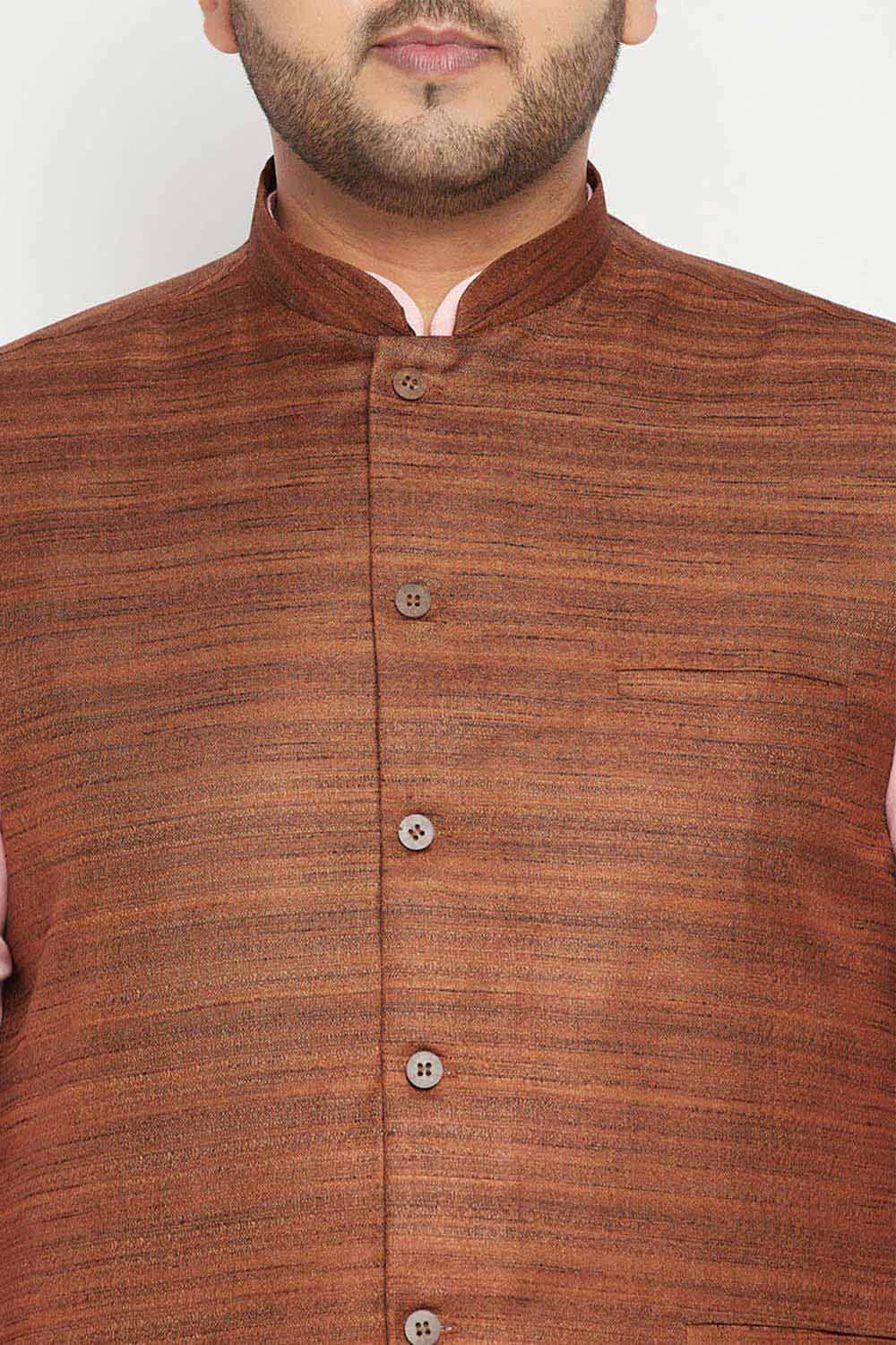 Buy Men's Silk Blend Solid Nehru Jacket in Coffee Brown - Zoom in