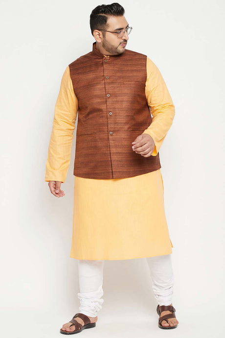 Buy Men's Cotton Blend Solid Kurta Set in Fawn - Front