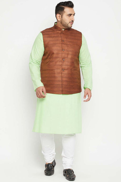 Buy Men's Cotton Blend Solid Kurta Set in Mint Green - Front