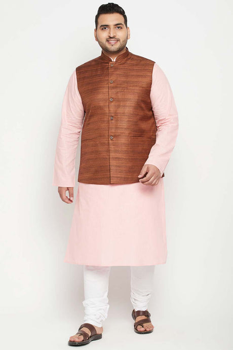 Buy Men's Cotton Blend Solid Kurta Set in Pink - Front