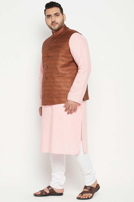 Buy Men's Cotton Blend Solid Kurta Set in Pink - Side