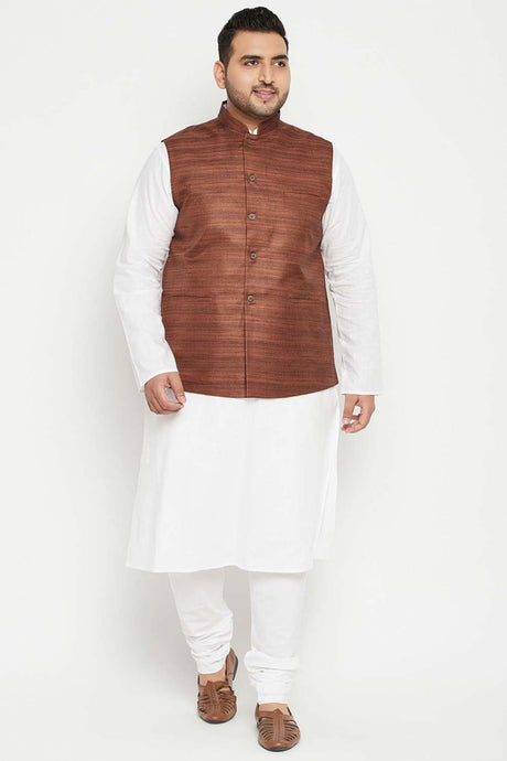 Buy Men's Cotton Blend Solid Kurta Set in White - Front