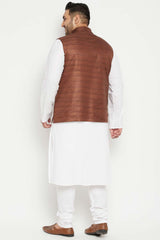 Buy Men's Cotton Blend Solid Kurta Set in White - Back