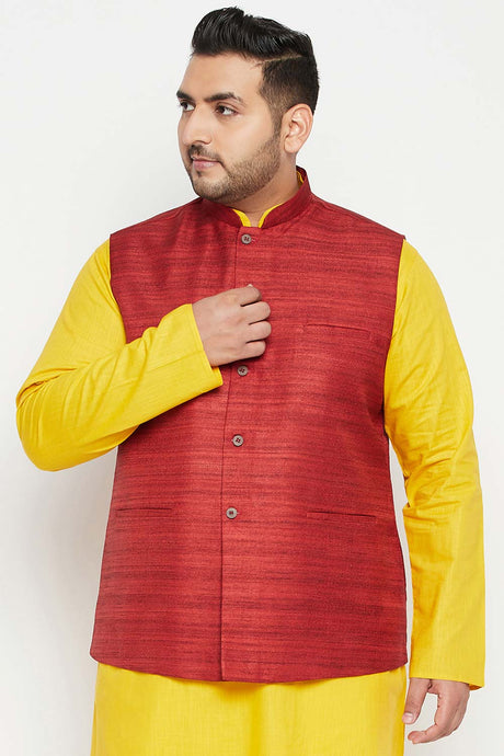 Buy Men's Silk Blend Solid Nehru Jacket in Maroon - Front