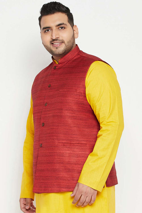 Buy Men's Silk Blend Solid Nehru Jacket in Maroon - Side