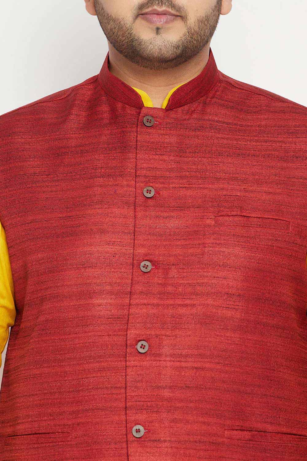 Buy Men's Silk Blend Solid Nehru Jacket in Maroon - Zoom in