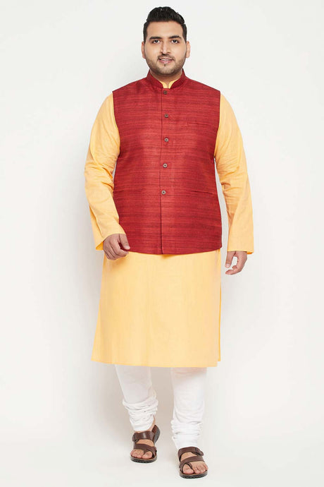 Buy Men's Cotton Blend Solid Kurta Set in Fawn - Front