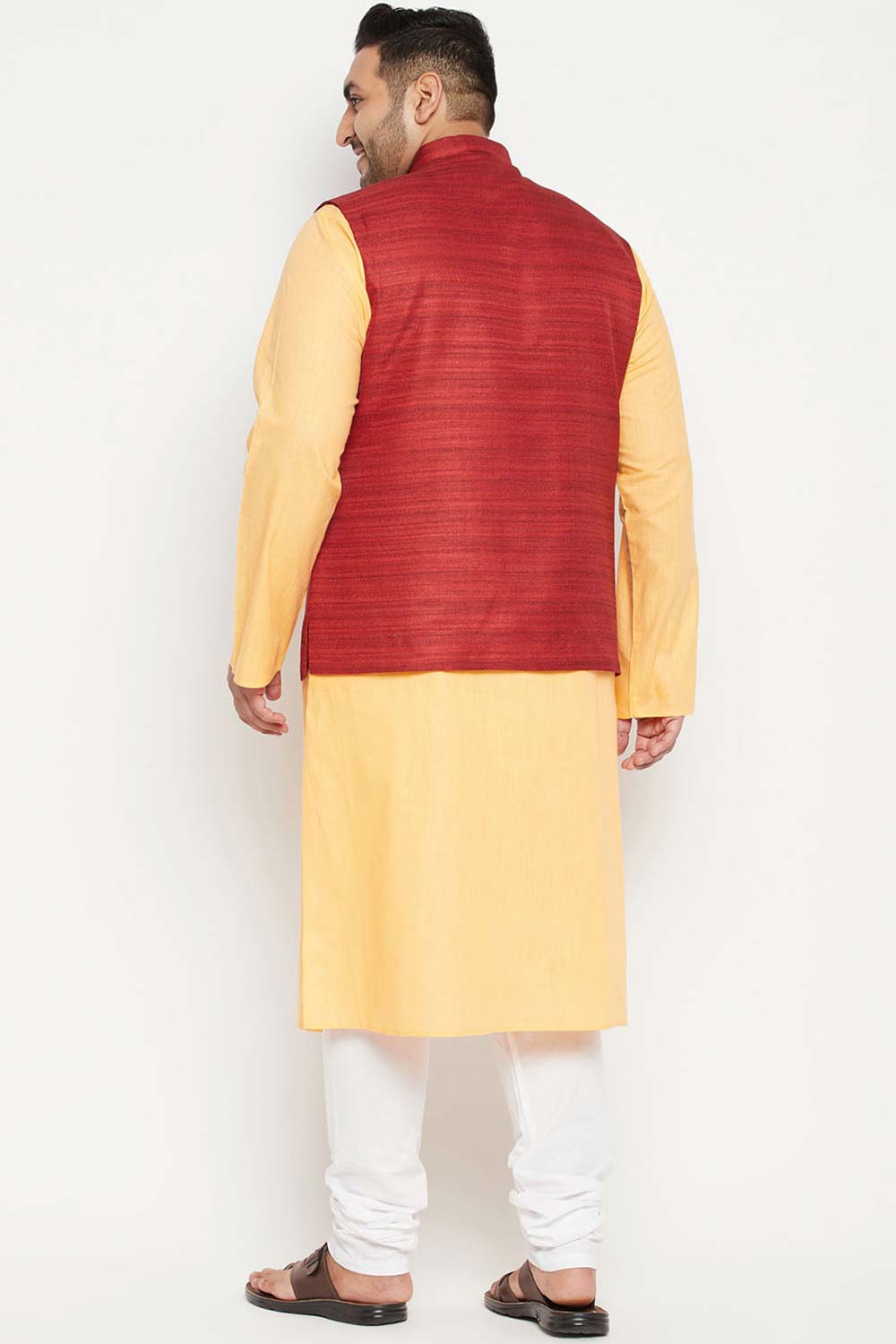 Buy Men's Cotton Blend Solid Kurta Set in Fawn - Back