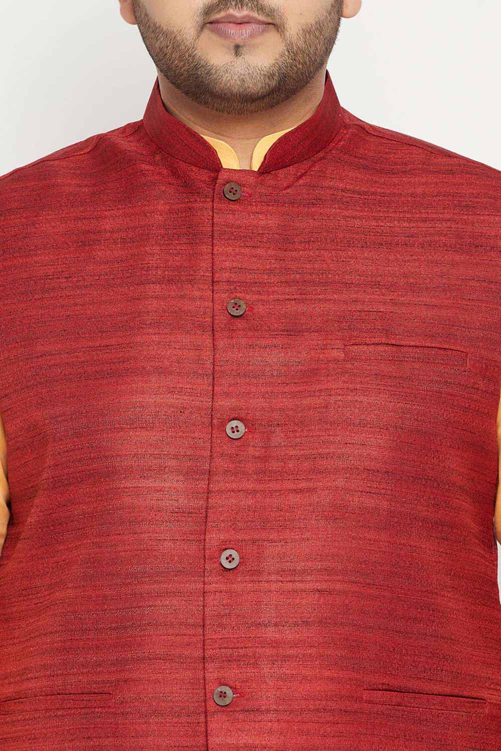 Buy Men's Cotton Blend Solid Kurta Set in Fawn - Zoom in