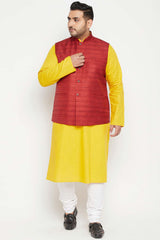 Buy Men's Cotton Blend Solid Kurta Set in Mustard - Front