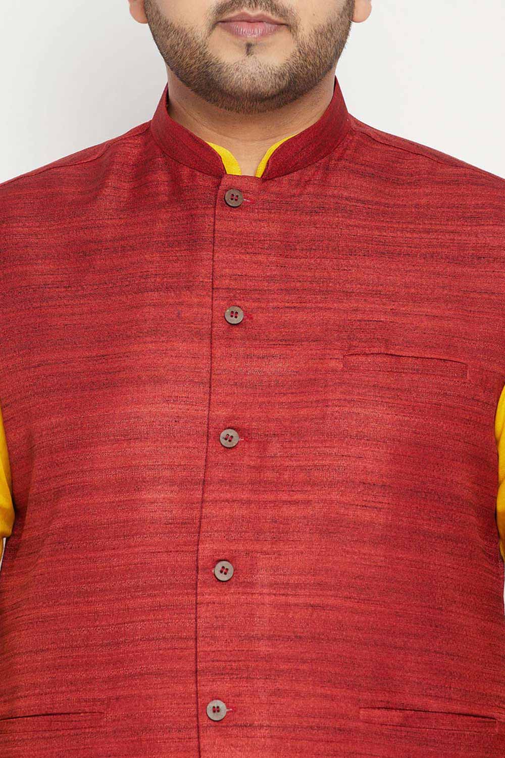 Buy Men's Cotton Blend Solid Kurta Set in Mustard - Zoom in