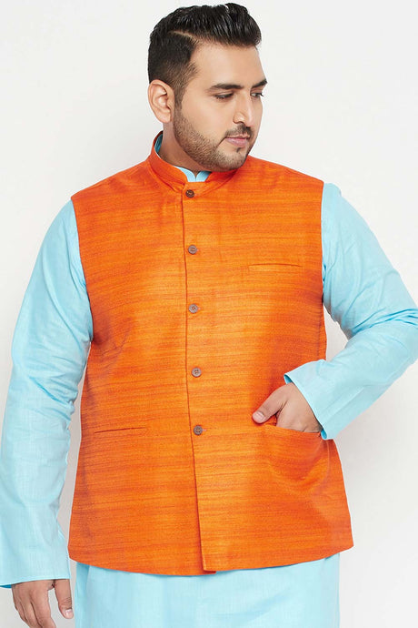 Buy Men's Silk Blend Solid Nehru Jacket in Orange - Front