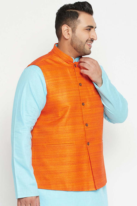 Buy Men's Silk Blend Solid Nehru Jacket in Orange - Side