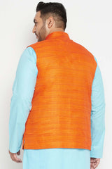 Buy Men's Silk Blend Solid Nehru Jacket in Orange - Back