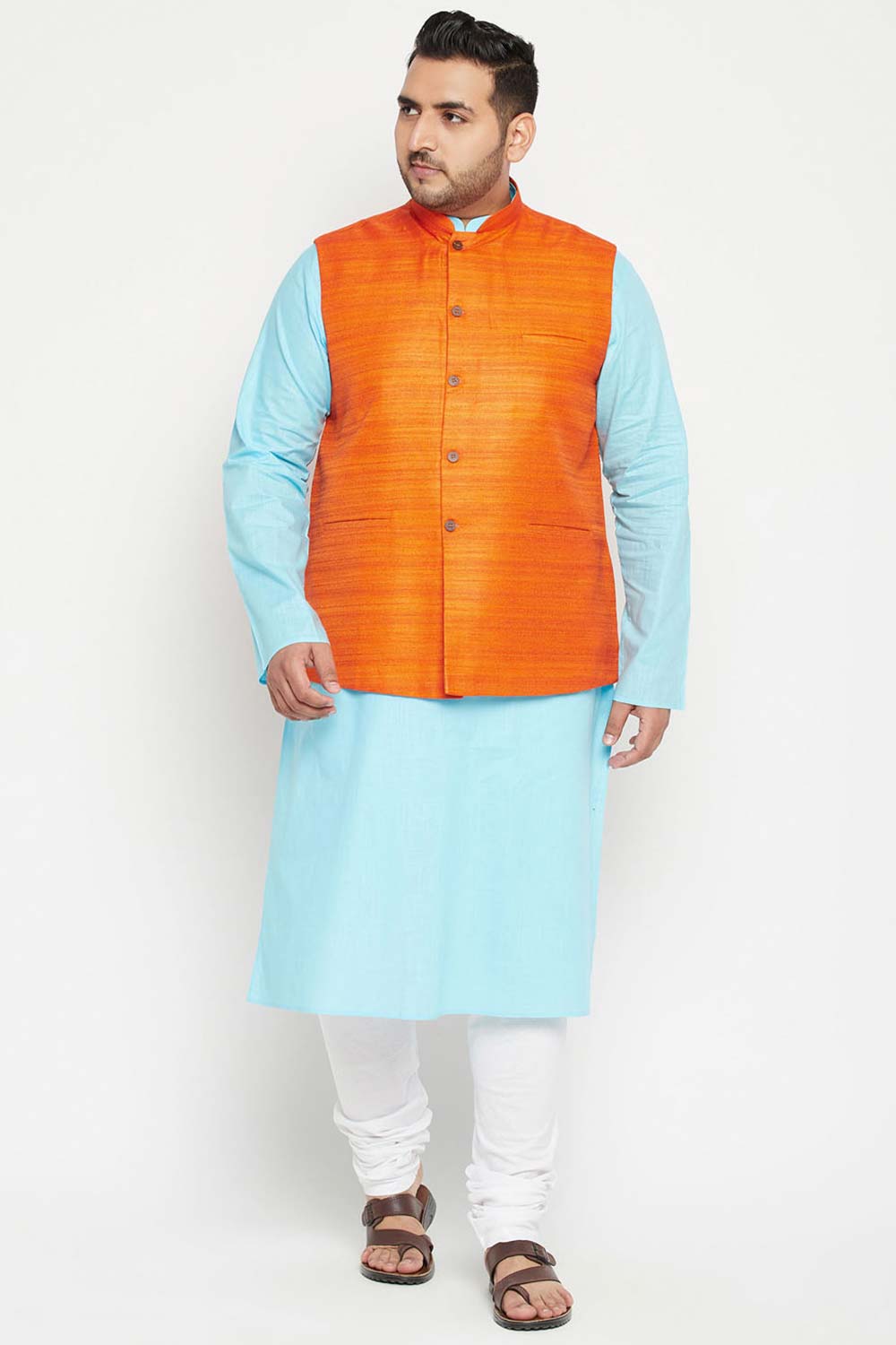 Buy Men's Silk Blend Solid Nehru Jacket in Orange - Zoom Out