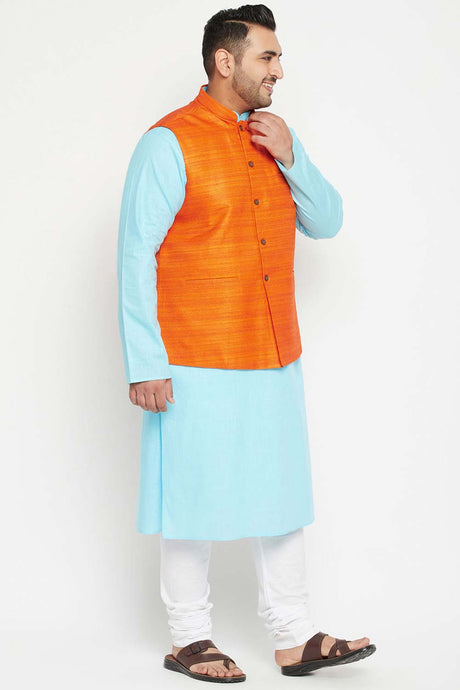 Buy Men's Cotton Blend Solid Kurta Set in Aqua Blue - Side