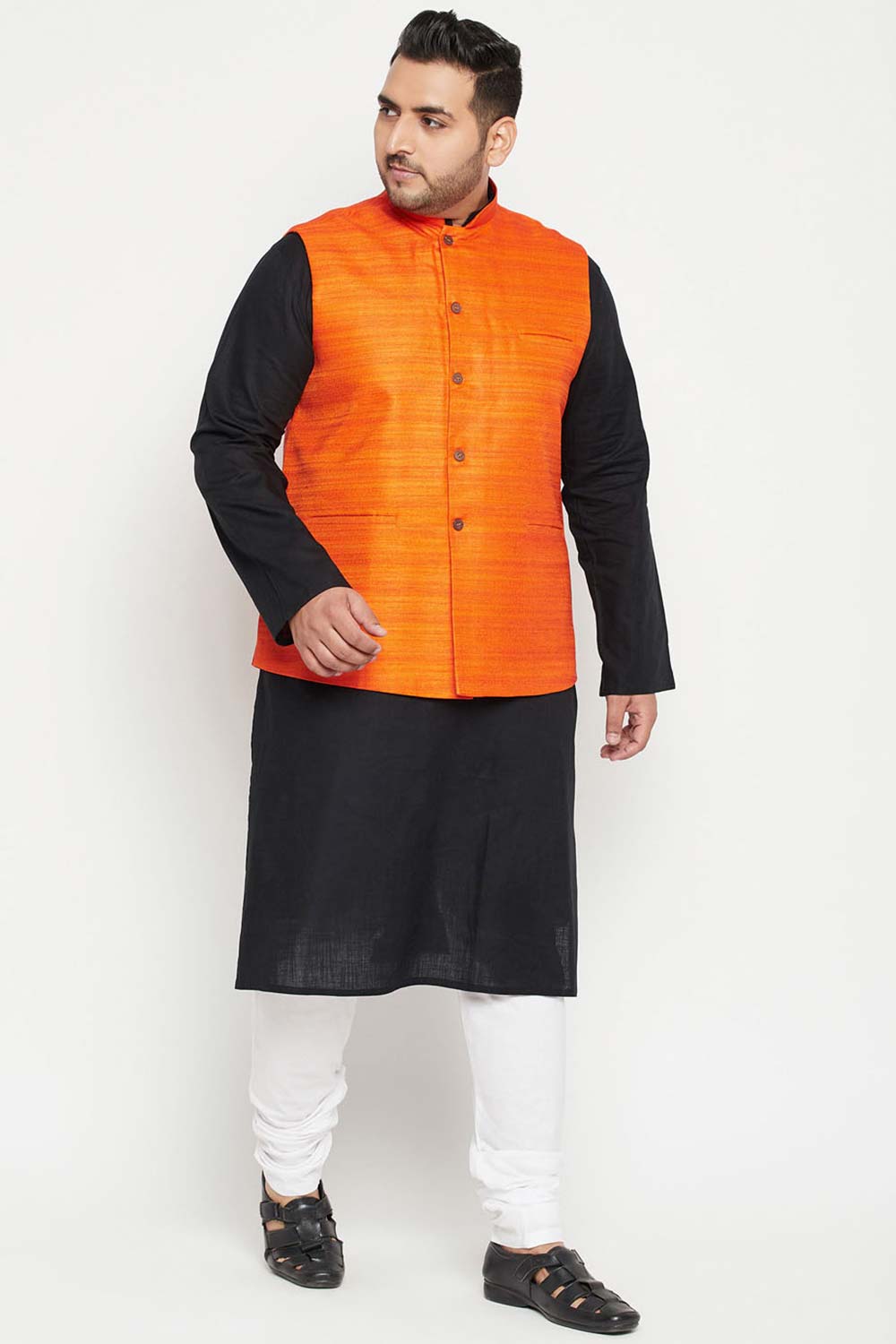 Buy Men's Cotton Blend Solid Kurta Set in Black - Front