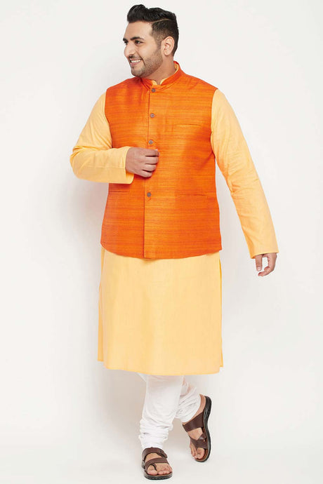 Buy Men's Cotton Blend Solid Kurta Set in Fawn - Front