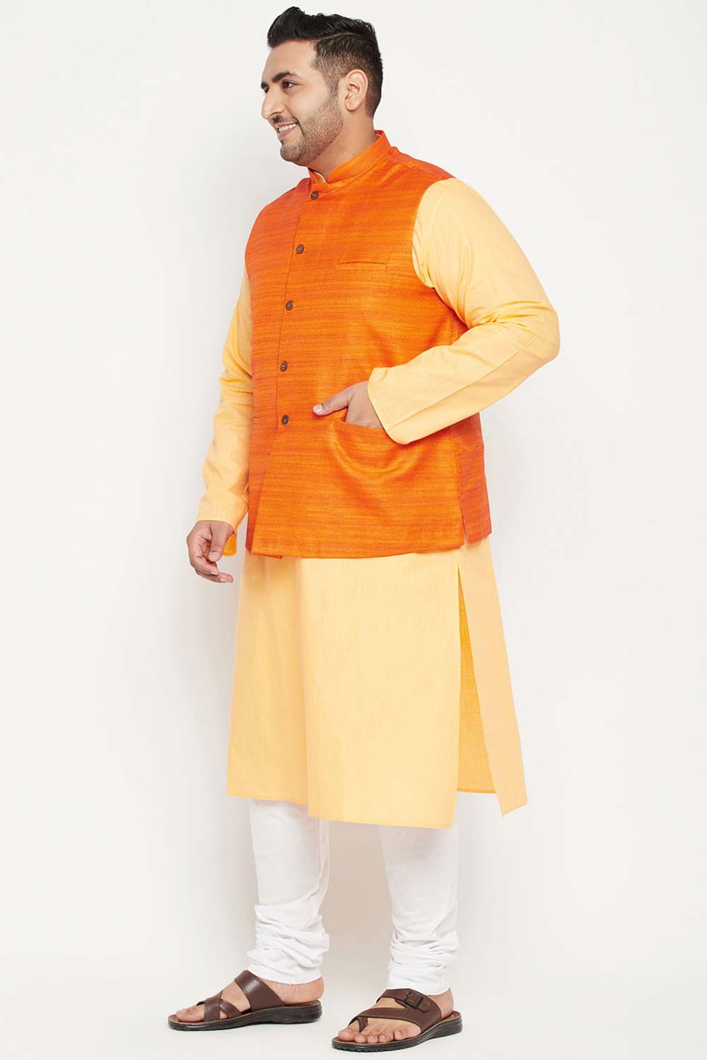 Buy Men's Cotton Blend Solid Kurta Set in Fawn - Side