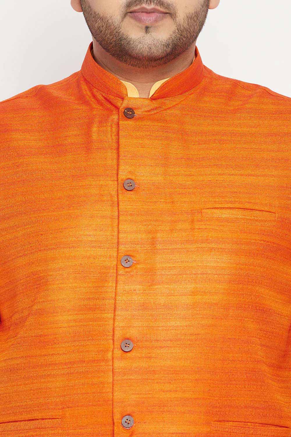 Buy Men's Cotton Blend Solid Kurta Set in Fawn - Zoom in