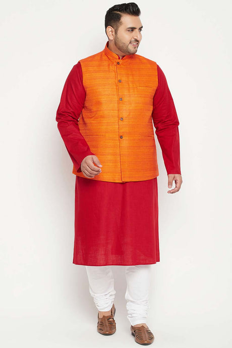 Buy Men's Cotton Blend Solid Kurta Set in Maroon - Front