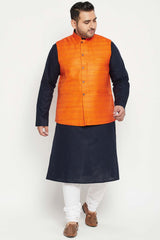 Buy Men's Cotton Blend Solid Kurta Set in Navy Blue - Front