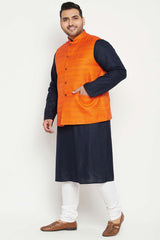 Buy Men's Cotton Blend Solid Kurta Set in Navy Blue - Side