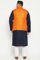 Buy Men's Cotton Blend Solid Kurta Set in Navy Blue - Back