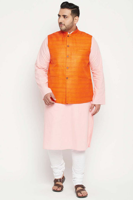 Buy Men's Cotton Blend Solid Kurta Set in Pink - Front