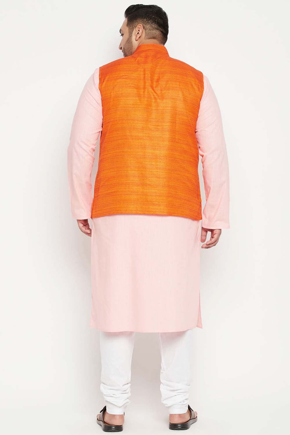 Buy Men's Cotton Blend Solid Kurta Set in Pink - Back